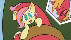 Size: 1920x1080 | Tagged: safe, artist:inkshowdude, oc, oc:morning glory, fanfic:what hurts the most, big macintosh, duo, duo male and female, earth pony, eyes closed, fanfic art, father and child, father and daughter, female, filly, foal, g4, high angle, imported from derpibooru, looking at you, looking up, looking up at you, male, not fluttershy, offspring, open mouth, open smile, outdoors, parent:big macintosh, parent:fluttershy, parents:fluttermac, pegasus, picture-in-picture, pony, smiling, smiling at you, stallion