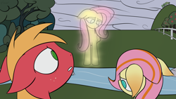 Size: 1920x1080 | Tagged: safe, artist:inkshowdude, fluttershy, oc, oc:morning glory, fanfic:what hurts the most, big macintosh, earth pony, fanfic art, father and child, father and daughter, female, filly, floppy ears, foal, g4, implied death, imported from derpibooru, male, mare, offspring, outdoors, parent:big macintosh, parent:fluttershy, parents:fluttermac, pegasus, pony, river, ship:fluttermac, shipping, spirit, stallion, straight, stream, trio, water