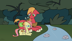 Size: 1920x1080 | Tagged: safe, artist:inkshowdude, oc, oc:morning glory, fanfic:what hurts the most, big macintosh, duo, duo male and female, earth pony, fanfic art, father and child, father and daughter, female, filly, floppy ears, foal, g4, imported from derpibooru, lying down, male, not fluttershy, offspring, outdoors, parent:big macintosh, parent:fluttershy, parents:fluttermac, pegasus, pony, prone, river, sad, stallion, stream, water