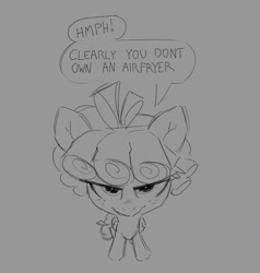Size: 1030x1081 | Tagged: safe, artist:impamy, air fryer, bow, cozy glow, dialogue, female, filly, foal, g4, gray background, grayscale, hair bow, imported from derpibooru, looking at you, monochrome, pegasus, pony, simple background, sketch, smiling, smiling at you, solo, speech bubble