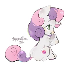 Size: 1286x1237 | Tagged: safe, artist:spoosha, sweetie belle, female, filly, foal, g4, horn, imported from derpibooru, pony, simple background, sitting, smiling, solo, unicorn, white background