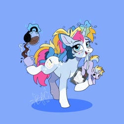 Size: 2000x2000 | Tagged: safe, artist:bluefeathercat, oc, oc:stardust sketches, bow, coat markings, coffee, colt, diaper, drink, female, foal, freckles, hair bow, horn, imported from derpibooru, ipad, magic, magic aura, male, mare, mother and child, mother and son, mouth hold, multitasking, oc only, pony, simple background, socks (coat markings), star freckles, tail, tail bow, telekinesis, tired, unicorn