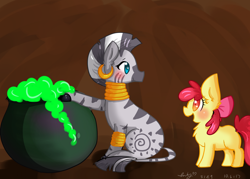 Size: 2271x1622 | Tagged: safe, artist:inkwellartz, apple bloom, 2017, bridle gossip, cauldron, duo, duo female, earth pony, female, filly, foal, g4, imported from derpibooru, looking at each other, looking at someone, looking back, my little pony: friendship is magic, old art, pony, quadrupedal, scene interpretation, sitting, smiling, smiling at each other, zebra, zecora