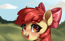 Size: 3782x2397 | Tagged: safe, artist:blossom rain, apple bloom, blushing, bust, cloud, earth pony, female, filly, foal, g4, imported from derpibooru, looking at you, open mouth, open smile, outdoors, pony, portrait, sky, smiling, smiling at you, solo