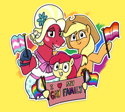 Size: 1550x1398 | Tagged: safe, artist:fimflamfilosophy, apple bloom, applejack, apple siblings, apple sisters, big macintosh, blush sticker, blushing, brother and sister, crossdressing, earth pony, female, filly, foal, g4, grin, hoof hold, imported from derpibooru, lesbian pride flag, lipstick, looking at you, magnetic hooves, male, mare, orchard blossom, outline, pony, pride, pride flag, pride month, progress pride flag, siblings, sign, simple background, sisters, smiling, smiling at you, trans big macintosh, transgender, transgender pride flag, trio, white outline, yellow background