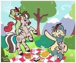 Size: 2488x2062 | Tagged: safe, artist:triadichues, oc, oc:chrysanthemum, oc:chrysanthemum (tender), oc:foggy dawn, oc:mamella, oc:sebete, bipedal, bread, bush, carrot, carrot dog, colt, commission, curry, family, female, filly, floppy ears, foal, food, imported from derpibooru, kirin, male, mare, mother and child, mother and daughter, mother and son, mustard, oc only, open mouth, outdoors, passepartout, picnic, pony, raised hoof, riding, riding a pony, sauce, signature, sitting, smiling, sushi, tree, wooden sword, worried, zebra