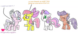 Size: 1280x568 | Tagged: safe, artist:amyandluigifan, apple bloom, diamond tiara, scootaloo, sweetie belle, cutie mark crusaders, dialogue, earth pony, female, filly, foal, g4, group, horn, imported from derpibooru, looking at each other, looking at someone, pegasus, quartet, simple background, unicorn, white background