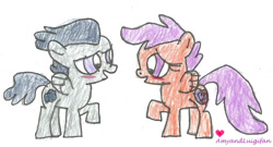 Size: 1219x656 | Tagged: safe, artist:amyandluigifan, scootaloo, blushing, colt, duo, duo male and female, female, filly, foal, g4, imported from derpibooru, looking at each other, looking at someone, male, pegasus, raised hoof, rumble, ship:rumbloo, shipping, simple background, smiling, smiling at each other, straight, white background