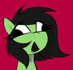 Size: 952x908 | Tagged: safe, artist:madragon, oc, oc:filly anon, bust, derp, drool, drool string, earth pony, earth pony oc, eye clipping through hair, female, filly, foal, imported from derpibooru, meme, no thoughts head empty, oc only, open mouth, pony, portrait, red background, simple background, solo, wall eyed