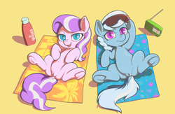 Size: 2000x1300 | Tagged: explicit, artist:darkdoomer, diamond tiara, silver spoon, beach, bottle, clitoris, duo, filly, foalcon, looking at you, radio, rug, sand, spread legs, sunglasses, vulva