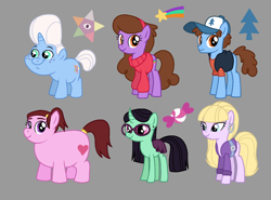 Size: 1215x900 | Tagged: safe, artist:dazzle, accessory, belt, clothes, colt, crossover, dipper pines, ear piercing, earring, earth pony, eyeshadow, female, filly, foal, freckles, gideon gleeful, glasses, gravity falls, grenda grendinator, hat, horn, imported from derpibooru, jewelry, mabel pines, makeup, male, multiple characters, pacifica northwest, physique difference, piercing, ponified, pony, ponytail, simple background, sweater, unicorn