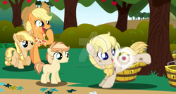 Size: 1280x687 | Tagged: safe, artist:dayspring-dawnyt, applejack, oc, oc:apple crunch, oc:apple zap, oc:lily apple, colt, earth pony, female, filly, foal, g4, horn, imported from derpibooru, male, mare, offspring, older, older applejack, parent:applejack, parent:trenderhoof, parents:trenderjack, pony, unicorn