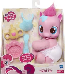 Size: 1333x1500 | Tagged: safe, pinkie pie, ages 3+, baby, baby bottle, baby pie, baby pony, bib, blushing, bottle, bow, bowl, box, box cover, cereal, cute, diaper, diaper pie, diapinkes, earth pony, female, filly, filly pinkie pie, foal, food, g4, g4 logo, hair bow, hasbro, hasbro logo, heart, heart eyes, high res, imported from derpibooru, irl, littlest so soft pinkie pie, logo, my little pony logo, newborn, official, photo, pony, simple background, so soft, spoon, tail, toy, white background, wingding eyes, younger