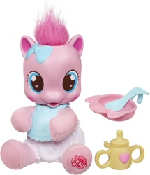 Size: 1291x1500 | Tagged: safe, pinkie pie, baby, baby bottle, baby pie, baby pony, bib, blushing, bottle, bow, bowl, cereal, cute, diaper, diaper pie, diapinkes, earth pony, female, filly, filly pinkie pie, foal, food, g4, g4 logo, hair bow, heart, heart eyes, high res, imported from derpibooru, irl, littlest so soft pinkie pie, logo, my little pony logo, newborn, official, photo, pony, simple background, so soft, spoon, tail, toy, white background, wingding eyes, younger