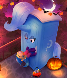 Size: 1600x1855 | Tagged: safe, artist:darksly, oc, oc:speezy, candy, clothes, commission, costume, crescent moon, duo, duo female, female, filly, foal, food, furrowed brow, g4, gritted teeth, halloween, holiday, horn, imported from derpibooru, inanimate tf, inconvenient trixie, jack-o-lantern, living object, mare, moon, night, nightmare night costume, objectification, outdoors, pegasus, pony, port-a-potty, pulling, pumpkin, pumpkin bucket, smiling, smirk, teeth, transformation, trixie, trixie dixie, unicorn, wat