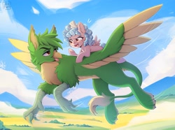 Size: 2591x1928 | Tagged: safe, artist:javafluffy, oc, chest fluff, commission, cozy glow, duo, duo male and female, eyebrows, female, filly, flying, foal, g4, griffon, imported from derpibooru, looking at each other, looking at someone, looking back, male, open mouth, open smile, outdoors, pegasus, ponies riding griffons, pony, raised eyebrow, riding, smiling, smiling at each other, spread wings, wings