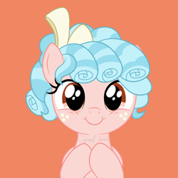 Size: 5000x5000 | Tagged: safe, artist:squipycheetah, bow, bust, cozy glow, female, filly, foal, freckles, g4, happy, imported from derpibooru, looking at you, orange background, pegasus, pony, portrait, signature, simple background, smiling, smiling at you, solo