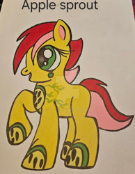 Size: 1280x1652 | Tagged: safe, artist:jlk01, adorasprout, apple sprout, black text, blank flank, cute, earth pony, female, filly, foal, g4, imported from derpibooru, marker drawing, open mouth, open smile, pony, rainbow power, rainbow power-ified, raised hoof, simple background, smiling, solo, text, traditional art, white background