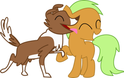 Size: 1024x643 | Tagged: safe, artist:sunnyqueenie, 2012, ^^, apple crumble, apple family member, apple family reunion, background pony, blank flank, crumblebetes, cute, dog, duo, earth pony, eyes closed, face licking, female, filly, foal, g4, imported from derpibooru, licking, my little pony: friendship is magic, no eyelashes, open mouth, open smile, pony, raised hoof, raised leg, season 3, simple background, smiling, tongue out, transparent background, vector, winona, winonabetes