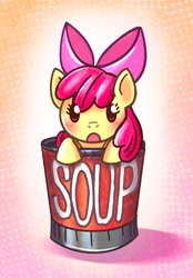 Size: 1640x2360 | Tagged: safe, artist:bommitball, apple bloom, beady eyes, blushing, bow, cup, earth pony, female, filly, foal, food, g4, gradient background, hair bow, imported from derpibooru, in cup, looking at you, no sclera, open mouth, orange background, patterned background, pink background, pink bow, pony, shadow, solo, soup, text