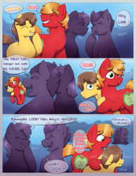 Size: 2550x3300 | Tagged: safe, artist:yellowartpone, abstract background, anonymous, big macintosh, blank flank, brown mane, bully, bullying, caramel, colt, colt big macintosh, colt caramel, comic, comic page, comic panel, cute, dialogue, duo, duo male, earth pony, english, excited, first day of school, foal, freckles, g4, green eyes, happy, imported from derpibooru, introduction, laughing, looking at each other, looking at someone, male, orange mane, pony, red coat, shadowed face, short mane, smiling, smiling at someone, speech bubble, teasing, the time between us, yelling, yellow coat, younger