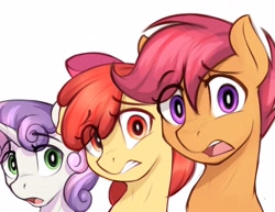 Size: 4096x3165 | Tagged: safe, artist:czu, apple bloom, scootaloo, sweetie belle, bust, cringing, cutie mark crusaders, earth pony, eye clipping through hair, eyebrows, eyebrows visible through hair, female, filly, foal, g4, gritted teeth, horn, imported from derpibooru, looking at you, open mouth, pegasus, pony, raised eyebrow, simple background, teeth, trio, trio female, unicorn, white background