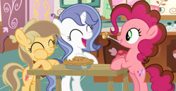 Size: 1280x662 | Tagged: safe, artist:x-hoshiko-x, oc, oc:candy apple, oc:radiant diamond, oc:sprinkle pie, earth pony, female, filly, foal, horn, imported from derpibooru, offspring, parent:applejack, parent:caramel, parent:cheese sandwich, parent:fancypants, parent:pinkie pie, parent:rarity, parents:carajack, parents:cheesepie, parents:raripants, pony, unicorn