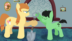 Size: 1920x1080 | Tagged: safe, oc, oc:colt anon, oc:cream heart, anonymous artist, carpet, cloud, cloudy, colt, duo, duo male and female, earth pony, eyes closed, female, foal, frown, g4, imported from derpibooru, indoors, looking at someone, male, mare, narrowed eyes, no pupils, oc only, overcast, pony, shovel, snow, snowfall, window