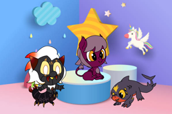 Size: 1494x1000 | Tagged: safe, artist:zetikoopa, oc, oc:dreadfin quake, oc:rajan pyraxis, baby, centipede, cute, female, g4, imported from derpibooru, male, shark, sphinx, the sphinx, young