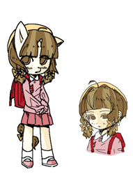 Size: 979x1280 | Tagged: safe, artist:sweetjort, oc, ahoge, anthro, blushing, bow, brown eyes, brown hair, clothes, collared shirt, cropped torso, female, filly, flower, flower in hair, foal, full body, hair bow, hat, horn, human, humanized, imported from derpibooru, long sleeves, looking at you, low twintails, multiple views, name tag, oc only, parted lips, pigtails, pink shirt, pink skirt, pleated skirt, randoseru, shirt, shoes, simple background, skirt, sleeves past fingers, socks, streaked hair, tail, tail bow, twintails, unicorn, upper body, white background, white socks, yellow bow, yellow hat