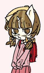 Size: 368x609 | Tagged: safe, artist:sweetjort, oc, anthro, blushing, bow, brown eyes, brown hair, closed mouth, clothes, collared shirt, cowboy shot, female, filly, flower, flower in hair, foal, frown, glare, hair bow, hat, horn, imported from derpibooru, long sleeves, looking at you, low twintails, name tag, oc only, pigtails, pink background, pink shirt, pink skirt, pleated skirt, randoseru, shirt, simple background, skirt, sleeves past fingers, solo, streaked hair, twintails, unicorn, yellow bow, yellow hat