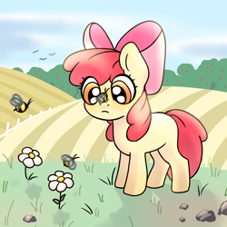 Size: 2048x2048 | Tagged: safe, artist:peppers777, apple bloom, apple, apple tree, bee, bee on nose, bird, bow, daisy (flower), earth pony, farm, female, fence, field, filly, flower, foal, full body, g4, grass, hair bow, imported from derpibooru, insect, insect on nose, orchard, outdoors, pink bow, pony, rock, sky, solo, standing, tree, white flower
