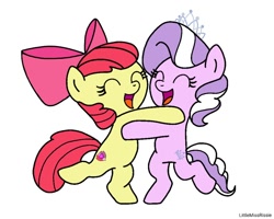Size: 1000x800 | Tagged: safe, artist:littlemissrissie, apple bloom, diamond tiara, :d, artist name, bipedal, blushing, bow, duo, duo female, earth pony, eyes closed, female, filly, foal, full body, g4, hair bow, hug, imported from derpibooru, jewelry, multiple girls, open mouth, open smile, pink bow, pony, simple background, smiling, standing, standing on one leg, text, tiara, white background