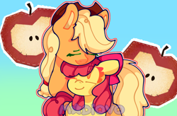 Size: 1638x1075 | Tagged: safe, artist:madiovo, apple bloom, applejack, apple, apple sisters, blue background, bow, brown hat, color outline, cowboy hat, duo, duo female, earth pony, eyes closed, female, filly, foal, food, g4, gradient background, green background, hair bow, hat, imported from derpibooru, mare, multiple girls, nuzzling, one eye closed, outline, pink bow, pony, ponytail, siblings, simple background, sisters, smiling, standing, white outline