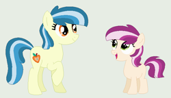 Size: 698x399 | Tagged: safe, artist:rosalyntwinkle, oc, oc:apple sunrise, oc:honeycrisp, base used, duo, duo female, earth pony, female, filly, foal, green background, imported from derpibooru, magical lesbian spawn, oc only, offspring, open mouth, open smile, parent:applejack, parent:coloratura, parents:rarajack, pony, raised hoof, siblings, simple background, sisters, smiling