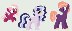 Size: 1068x468 | Tagged: safe, artist:rosalyntwinkle, oc, oc:aura blossom, oc:cinnamon dusk, oc:moonlight melody, base used, colt, earth pony, female, filly, foal, green background, horn, imported from derpibooru, magical threesome spawn, male, oc only, offspring, parent:big macintosh, parent:princess luna, parent:twilight sparkle, pegasus, pony, siblings, simple background, trio, unicorn