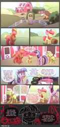 Size: 1431x3000 | Tagged: safe, artist:pixelpub, apple bloom, twilight sparkle, comic:friendship is mandatory, alicorn, big macintosh, butt, dialogue, earth pony, female, filly, floppy ears, foal, g4, granny smith, implied applejack, imported from derpibooru, internal monologue, male, mare, missing cutie mark, no pupils, plot, pony, speech bubble, stallion, sweet apple acres