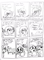 Size: 2263x3083 | Tagged: safe, artist:pony quarantine, oc, oc:anon, oc:rose plum, series:pq funnies, bed, black and white, bow, combustible lemon, comic, comic strip, earth pony, female, filly, foal, food, grayscale, hair bow, hiding, human, imported from derpibooru, lemon, mare, monochrome, oc only, offscreen character, pencil drawing, pony, solo focus, traditional art, under the bed