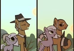 Size: 2360x1640 | Tagged: safe, artist:lowcapsloch, drawthread, duo, duo male and female, earth pony, father and child, father and daughter, female, filly, filly limestone pie, flashback, foal, g4, growing up, hat, hatless, igneous rock pie, imported from derpibooru, limestone pie, looking at each other, looking at someone, male, mare, missing accessory, outdoors, pony, requested art, stallion, sun, younger