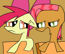 Size: 551x455 | Tagged: safe, artist:liliana-adbul45, apple bloom, babs seed, 1000 hours in ms paint, bipedal, brown background, duo, duo female, female, filly, floppy ears, foal, frown, g4, imported from derpibooru, looking at each other, looking at someone, open mouth, simple background, stylistic suck