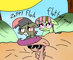 Size: 551x455 | Tagged: safe, artist:liliana-adbul45, oc, oc:flutter mouse, oc:scootacool, oc:zappy nouse, dirt, female, filly, foal, imported from derpibooru, oc only, trap
