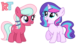 Size: 1280x745 | Tagged: safe, artist:rosalyntwinkle, duo, earth pony, female, filly, foal, g4, horn, imported from derpibooru, pony, simple background, star dreams, toy interpretation, transparent background, twirly treats, unicorn