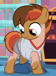 Size: 928x1270 | Tagged: safe, artist:showstileanon, button mash, /ptfg/, clothes, colt, dock, earth pony, eye color change, foal, g4, human, human to pony, imported from derpibooru, indoors, liquid button, looking down, male, mid-transformation, pony, raised hoof, show accurate, solo, tail, transformation, wavy mouth