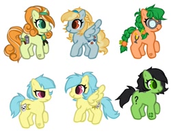 Size: 993x773 | Tagged: safe, artist:itsspoops, oc, oc:fair flyer, oc:filly anon, oc:fun raiser, oc:matinee, oc:morning mimosa, oc:soiree, cute, earth pony, female, filly, foal, horn, imported from derpibooru, mare fair, oc only, pegasus, pony, simple background, toy, unicorn, white background