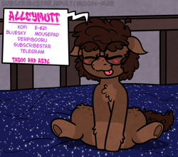 Size: 1467x1299 | Tagged: safe, artist:alleymutt, oc, oc:butterball, bedsheets, blushing, coat markings, colt, crib, foal, glasses, imported from derpibooru, information, introduction card, male, pony, socks (coat markings), text, tongue out, young