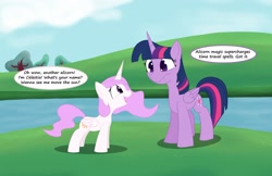 Size: 2000x1299 | Tagged: safe, artist:agreylongma, princess celestia, twilight sparkle, alicorn, cewestia, cute, cutelestia, dialogue, duo, duo female, ethereal mane, ethereal tail, female, filly, foal, folded wings, g4, imported from derpibooru, mare, missing accessory, newbie artist training grounds, open mouth, open smile, outdoors, pony, river, smiling, speech bubble, tail, text, time travel, tree, water, wings, young celestia, younger