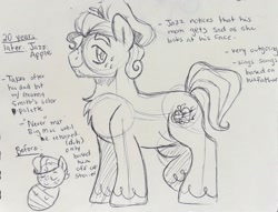 Size: 2048x1562 | Tagged: safe, artist:texacity, oc, oc:jazz apple, baby, baby pony, chest fluff, colt, earth pony, epic the musical, foal, freckles, grayscale, imported from derpibooru, looking at you, male, monochrome, oc only, offspring, parent:big macintosh, parent:fluttershy, parents:fluttermac, pencil drawing, pony, smiling, smiling at you, solo, stallion, text, traditional art, unshorn fetlocks