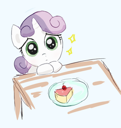 Size: 995x1056 | Tagged: safe, artist:kamagi, sweetie belle, :c, begging, cake, cute, diasweetes, female, filly, foal, food, frown, g4, hooves on the table, horn, imported from derpibooru, pie, plate, pony, puppy dog eyes, questionable source, simple background, solo, sparkles, table, unicorn, want, white background