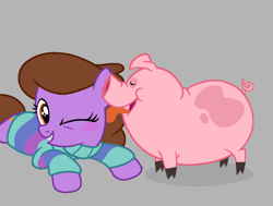 Size: 695x526 | Tagged: safe, artist:dazzle, braces, clothes, crossover, female, filly, foal, g4, gravity falls, imported from derpibooru, mabel pines, maybelle, one eye closed, pig, ponified, pony, simple background, smiling, sweater, waddles