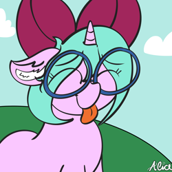 Size: 3000x3000 | Tagged: safe, artist:pinkiepieislove, oc, oc:pumpkinsprout, :p, bow, eye clipping through hair, eyebrows, eyebrows visible through hair, eyes closed, female, filly, foal, glasses, hair bow, horn, imported from derpibooru, oc only, pony, tongue out, unicorn